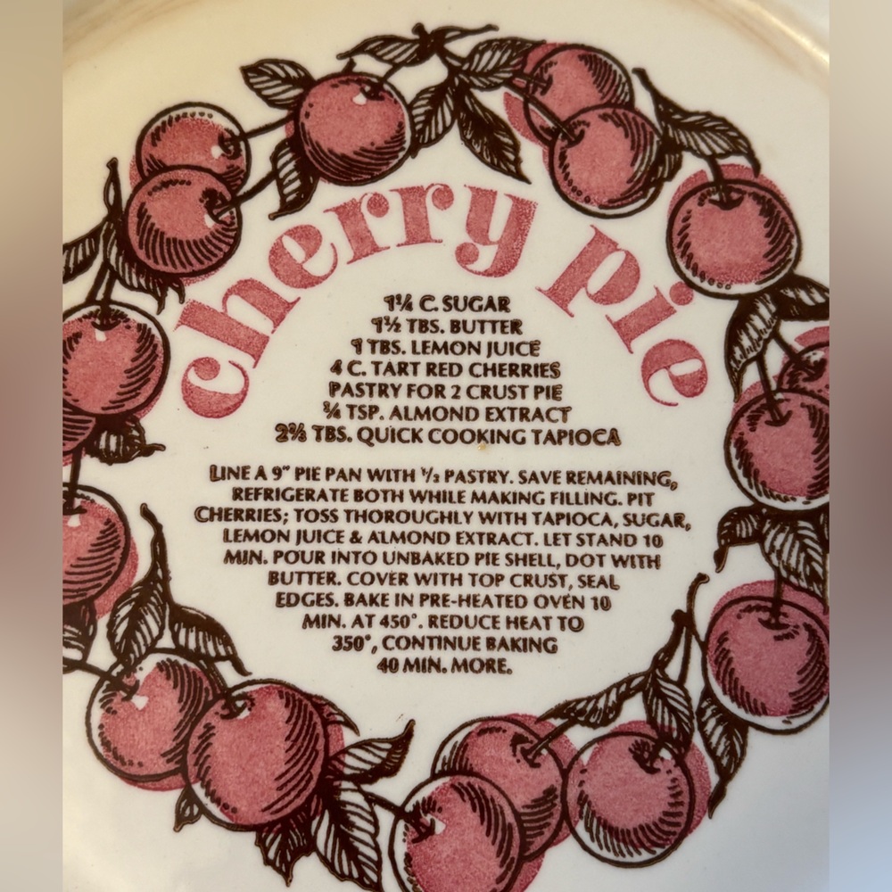 VTG Cherry Pie Recipe Ceramic Fluted Pie Plate USA Royal China Jeanette 11" - Picture 2 of 6